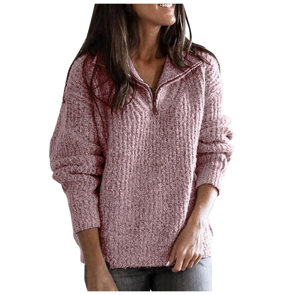 Women's  And Winter Casual Loose Solid Color Stitching Long-sleeved Stand Collar Half Zipper Pullover Knit Sweater Top