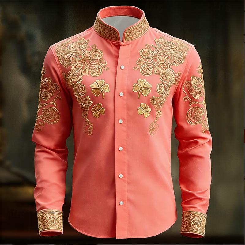 Camicia da Uomo Floreale a Maniche Lunghe con Stampa Trifoglio 3D Dorato Camicia a Maniche Lunghe alla Moda e Lussuosa