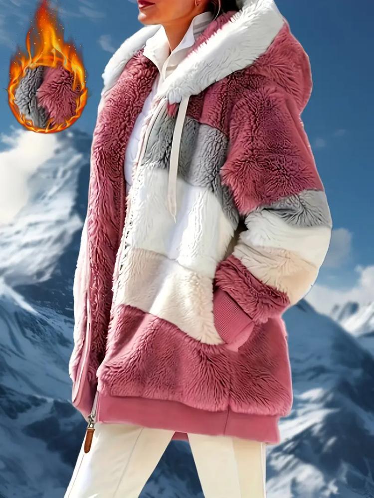 Women's Stylish Fleece-Lined Hooded Winter Coat with Zipper Pockets - Warm Plush,Casual Fall/Winter Jacket for Outdoor Comfort, Ladies Winter Coats