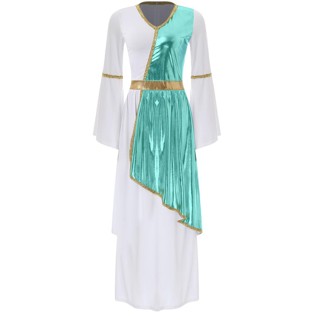 Damen Römische Griechische Schönheit Toga Kleid V-Ausschnitt Trompetenärmel Metallisch Glänzendes Overlay Goldene Borte Robe Halloween Kostüm