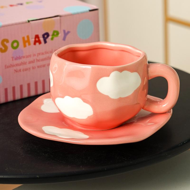 Blue Sky White Clouds Ceramic Mug and Saucer Set - Personalized Portable Coffee Cup for Couples