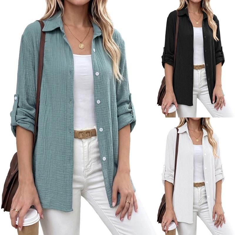 Womens Casual Button Up Long Sleeve Roll Tab Sleeve Shirt