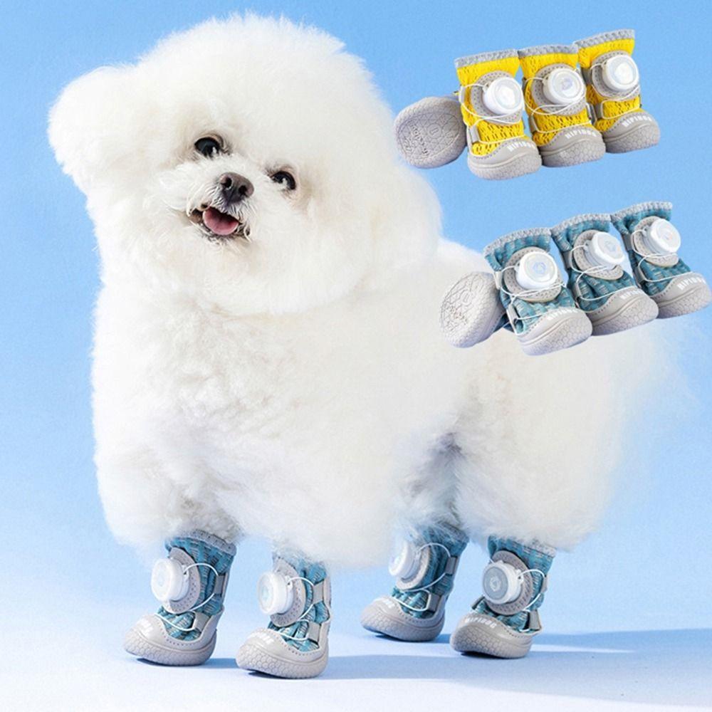 4Pcs/Set Fashion Breathable Button Dog Shoes Anti-slip Reflective Dog Footwear Comfortable Soft Sole Dog Paw Protectors Summer