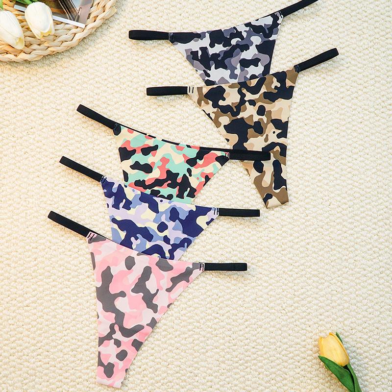 Women's Seamless Thong Printed Thin Strap Sexy European and American Style Thong Bikini Camouflage Women's Sexy Underwear