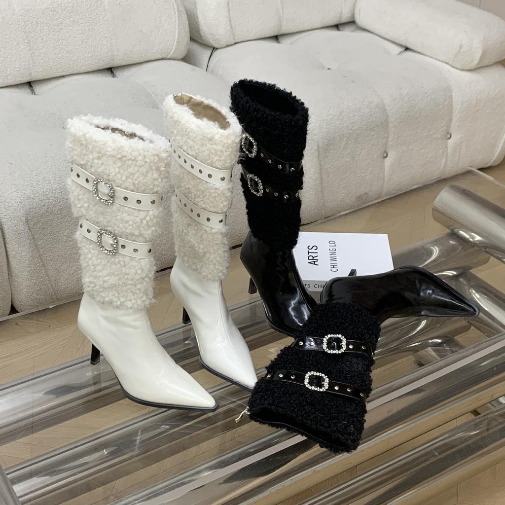 Pointed fine heel lamb wool rivet velvet boots women's autumn and winter rhinestone belt buckle high heel boots