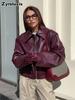 Vintage Motorcycle Style Wine Red Leather Jacket Women Autumn Winter Fashion Matte Leather Blazer Coat