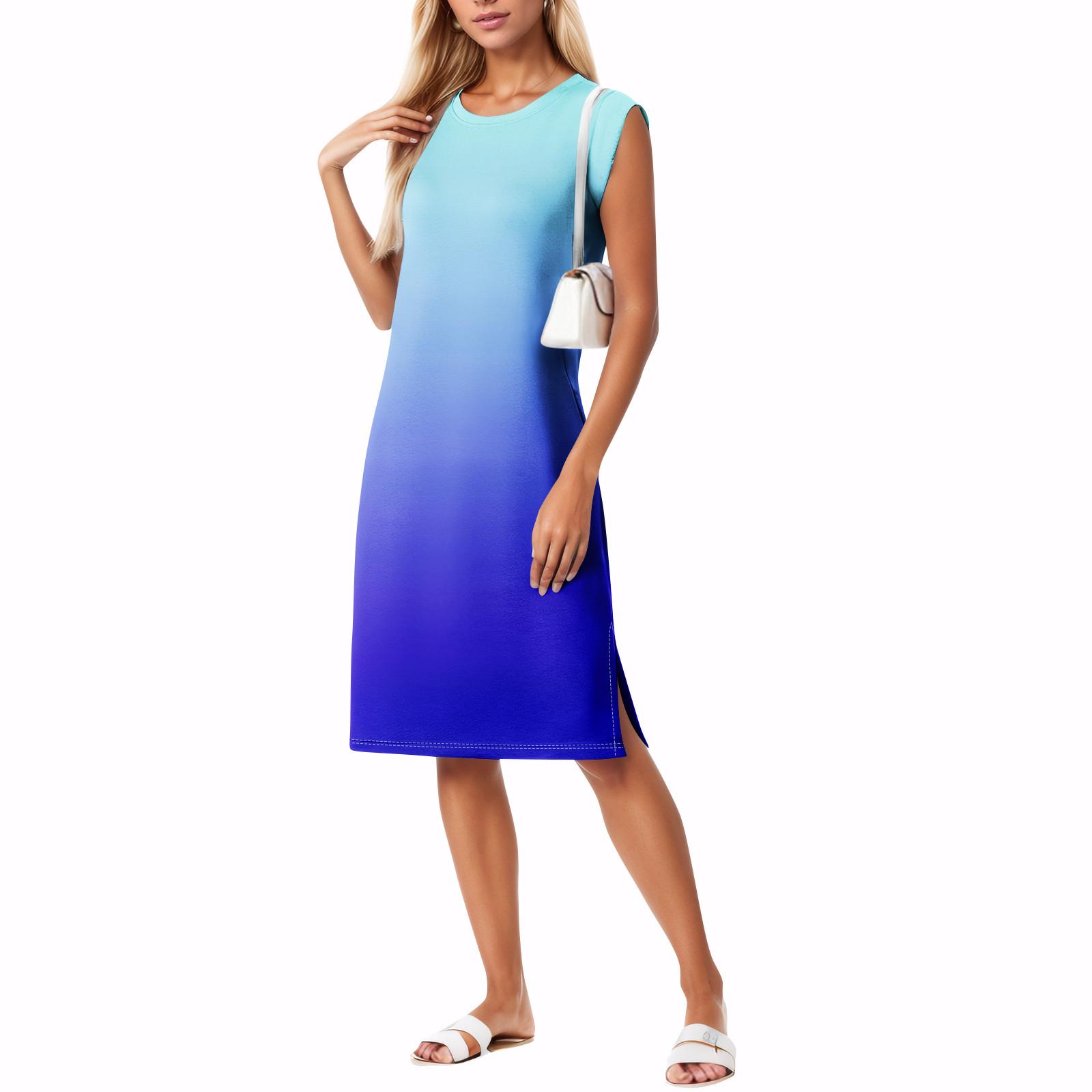 

Summer Dresses For Women Round Neck Casual Loose Printing Split Wrinkle-Free Beach Dress With Pockets L