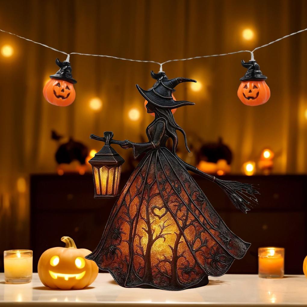2025 Neue Harz Halloween Hexe mit Besen und Laternenlicht, Desktop Leuchtende Deko für Indoor Party, Gruseliger Heim Festival Akzent