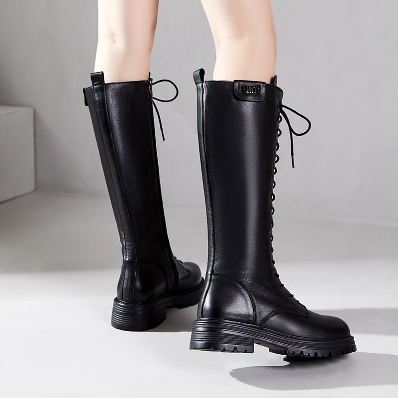 [Pantof întreg din piele] Cizme din piele de vacă de prim strat pentru femei toamnă și iarnă 2025 cizme de cavaler din piele cu șireturi și catifea