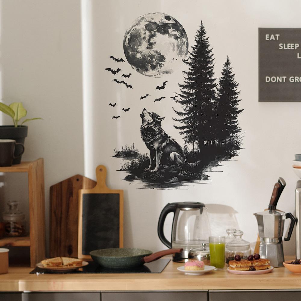 Powerful Lone Wolf Jungle Moon Bedroom Living Room Home Background Beautification and Decoration Wall Stickers