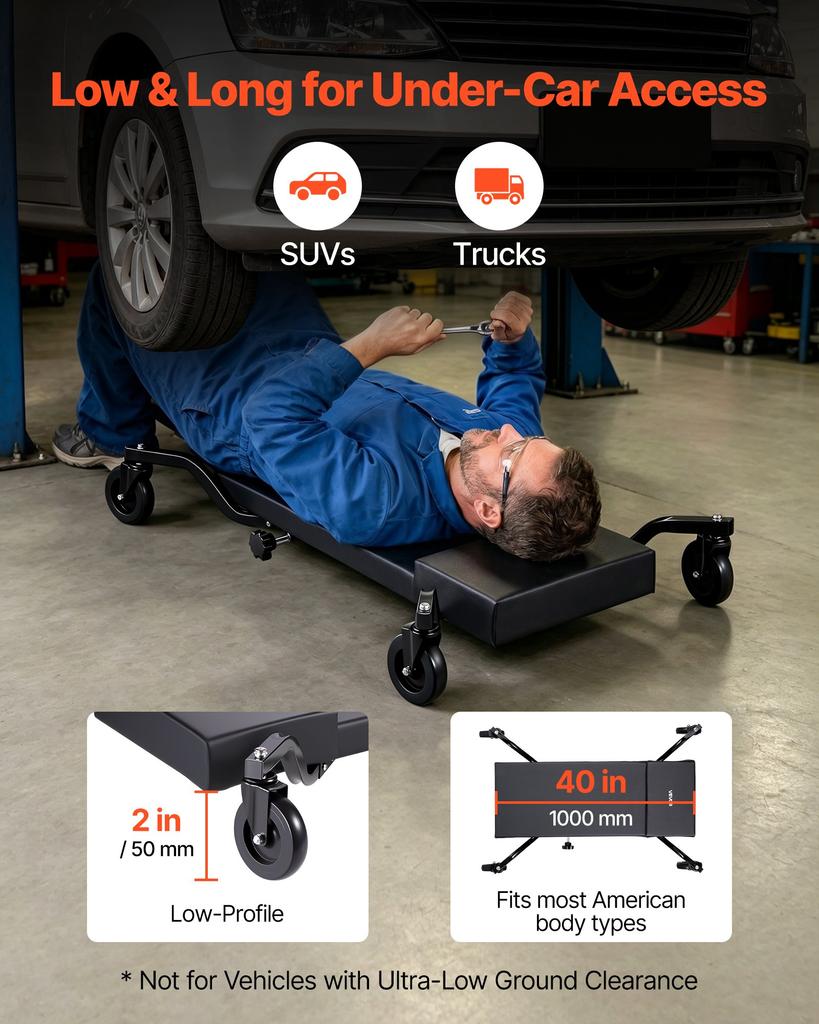 VEVOR 1m Mechanic Creeper with 4 Large Wheels, 180 kg Low Profile Under Car Garage Roller, Rolling Creeper with Raised Headrest