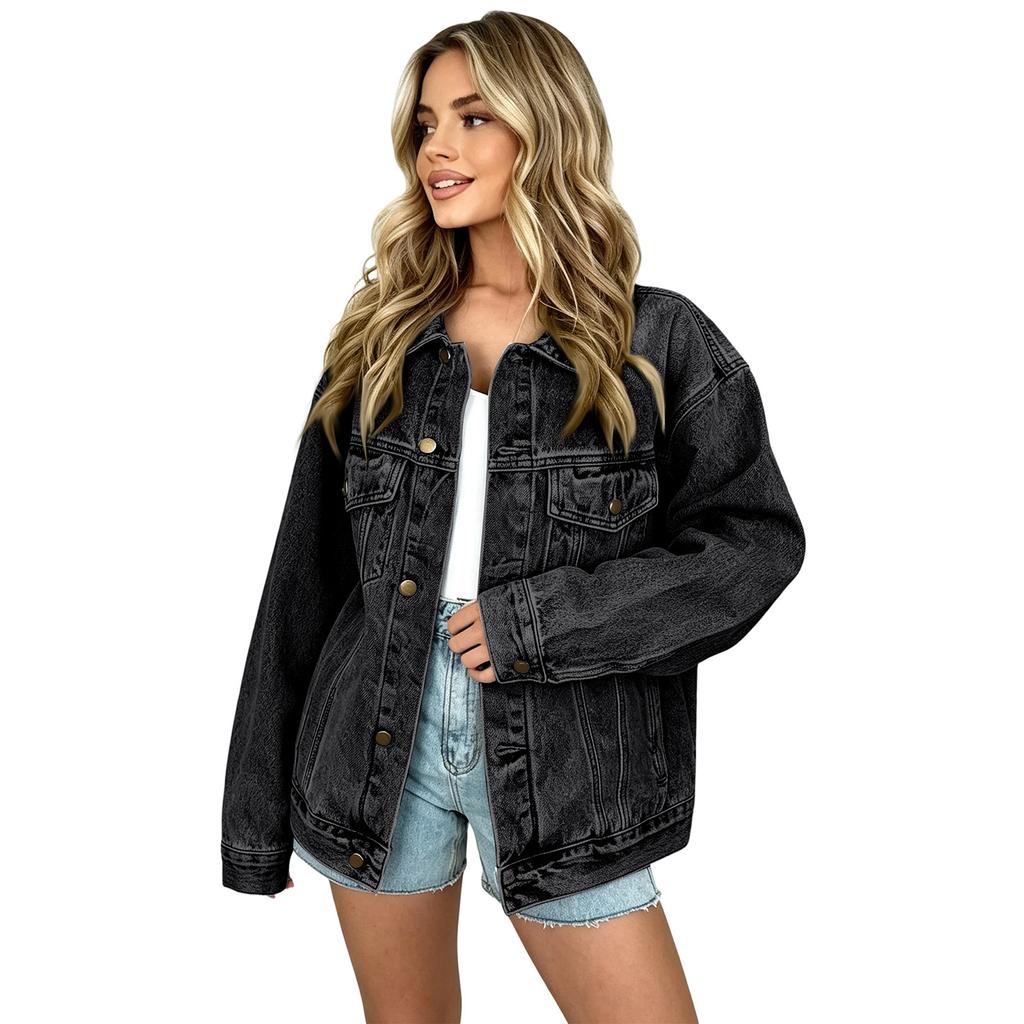 Women's Oversized Denim Jacket Button Down Boyfriend Jean Jacket with Chest Pockets