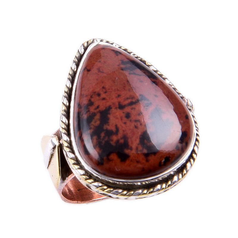 Natural Mahogany Obsidian Gemstone 925 Solid Silver Two Tone Ring S.5.5US R1D56