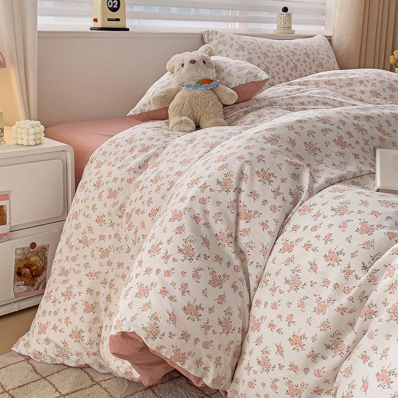 Juego de Cama de Cuatro Piezas de Gasa de Burbujas de Doble Capa Grado A para Madre y Bebé Sábana de Algodón Puro, Ropa de Cama para Dormitorio Estilo Ins