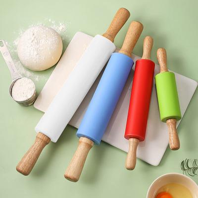 Rolo de massa de silicone antiaderente com cabo de madeira para massa de pastelaria, rolo de farinha, ferramenta de cozinha para assar massas de biscoitos