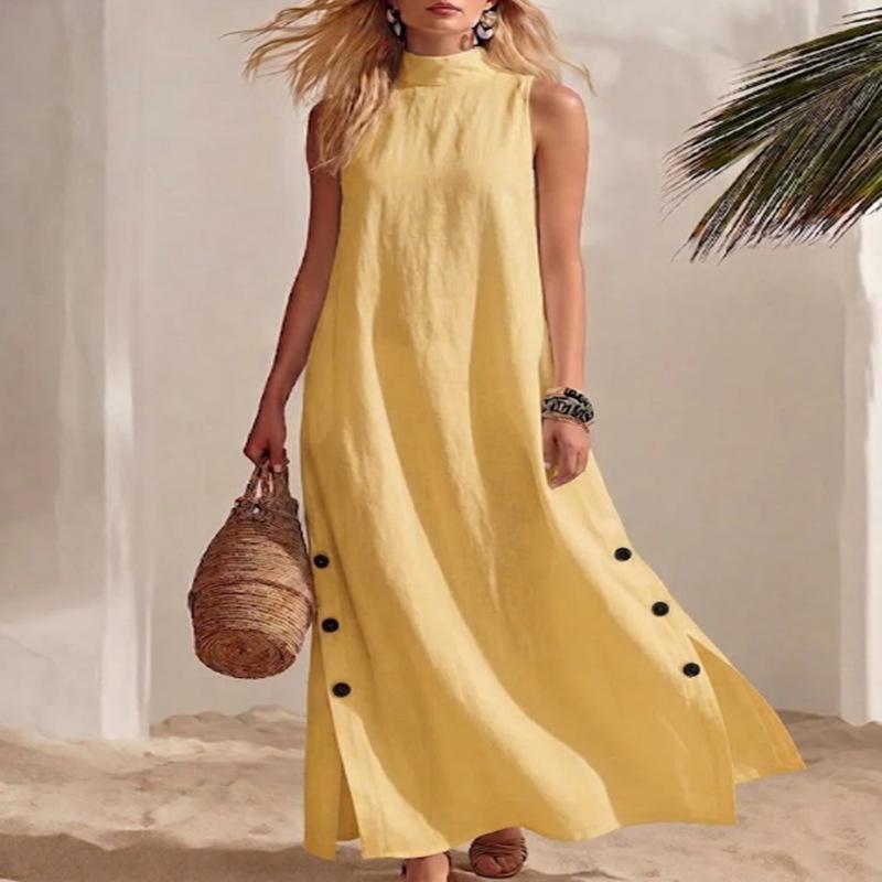 European and American Women's Clothing Summer New Product Stand-up Collar Sleeveless Button Split Cotton and Linen Dress