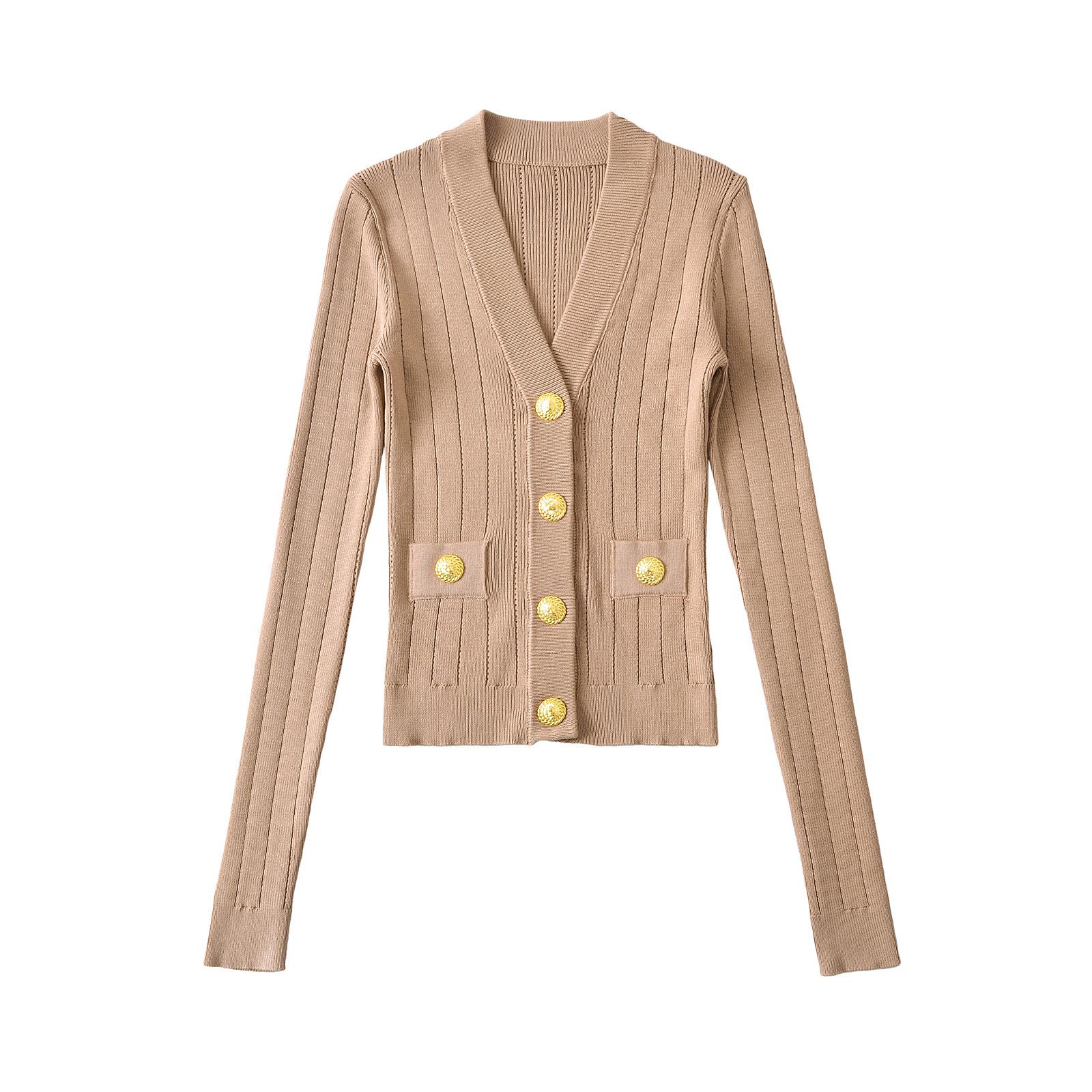 

Весна 2025 Вязаный свитер с V-образным вырезом и высокой талией - Длинный рукав, Трендовый стиль светской львицы One Size хаки