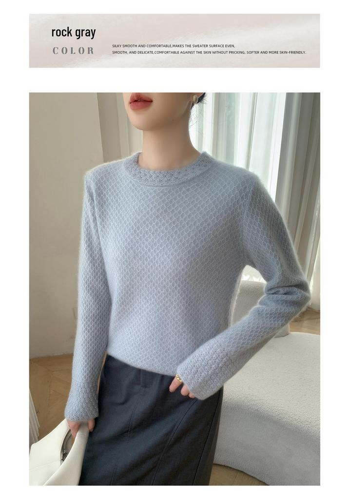 2025 Autumn/Winter Women's Thick Seven-Gauge Hollow-Out Semi-High Neck Cashmere Sweater Base Layer