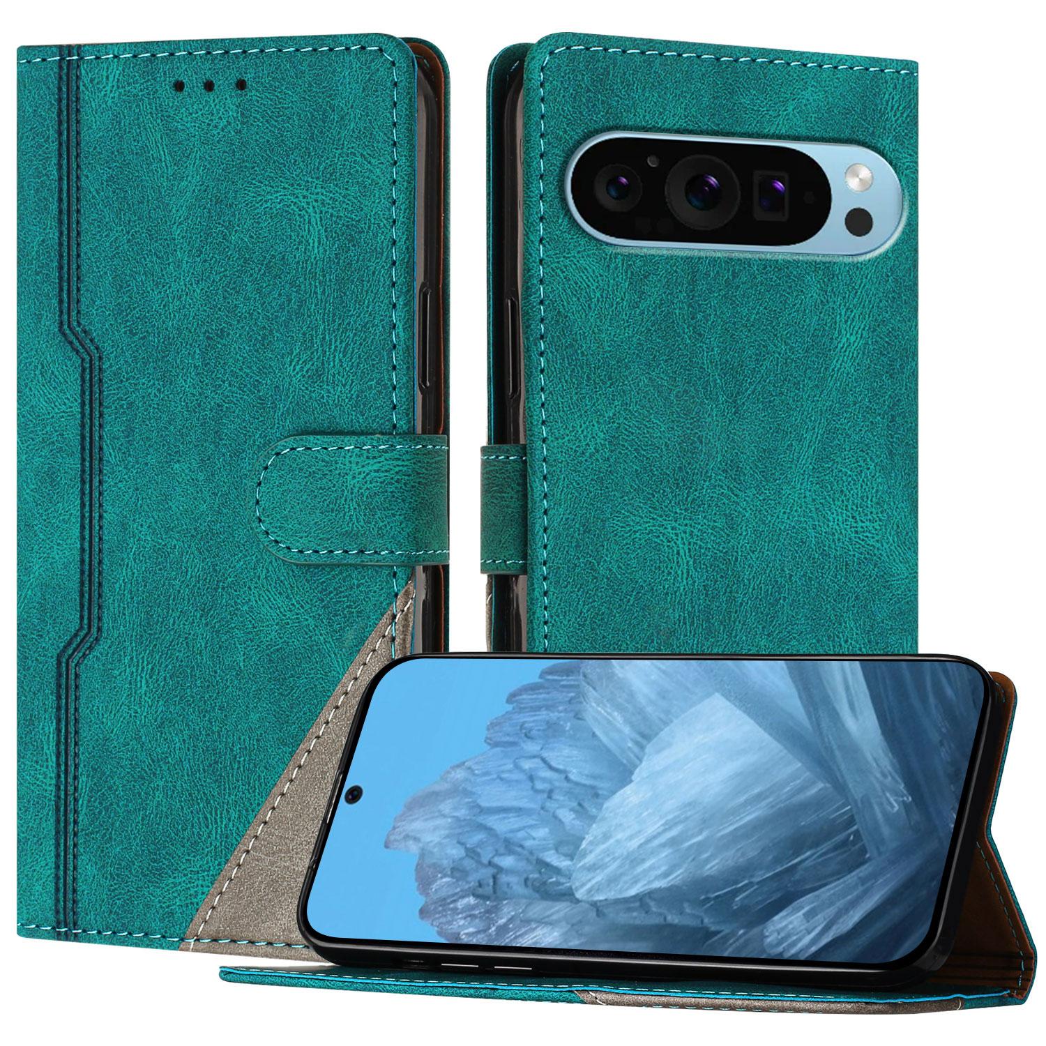 

For Google Pixel 9 Pro Leather Case Triangle Patchwork Wallet Stand Shockproof Phone Cover Green