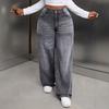 Damen Mid-Waist Weite Beine Jeans Hose Gewaschen Grau Locker Gerade Lässig Arbeitsweg Lange Jeans