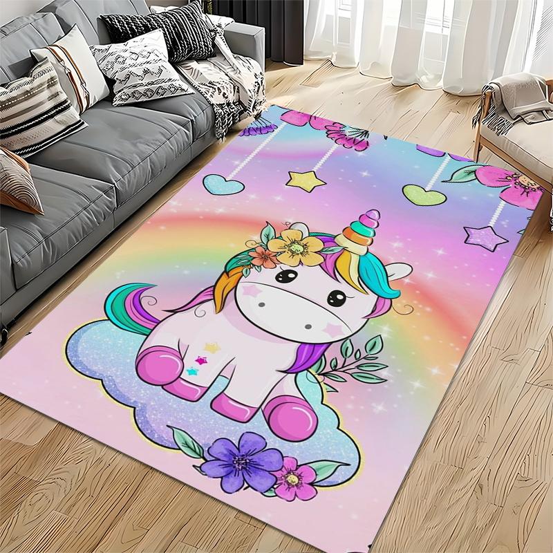 Rainbow Unicorn On Cloud with Floral Accents Non-slip Rug Suitable for Living Room and Bedroom Sofas