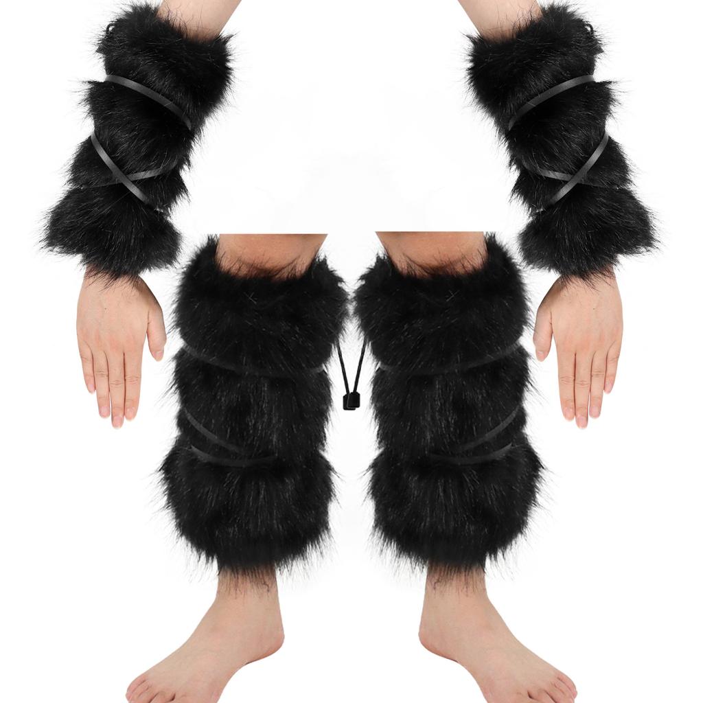 Faux Fur Furry Arm Cuffs And Leg Warmers Covers Set For Halloween Cosplay Costumes Accessory