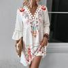 Dámské Boho Květinové Mini Šaty Podzim Dlouhý Rukáv V-Výstřih Volné Šaty pro Svatební Hosty Neformální Plážové Dovolenkové Oblečení