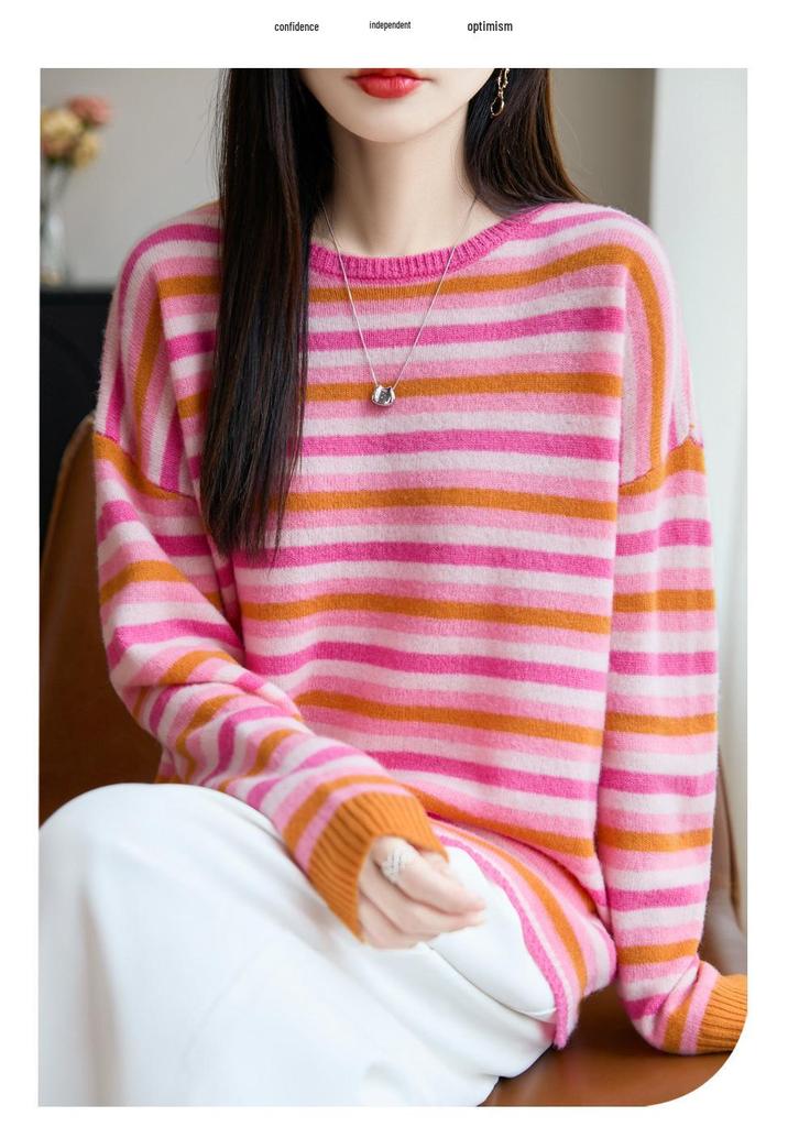 Women's Colorful Striped Wool Knitwear Top - 2025 Autumn/Winter, Long Sleeve, Loose Fit, Trendy Cashmere Base Layer