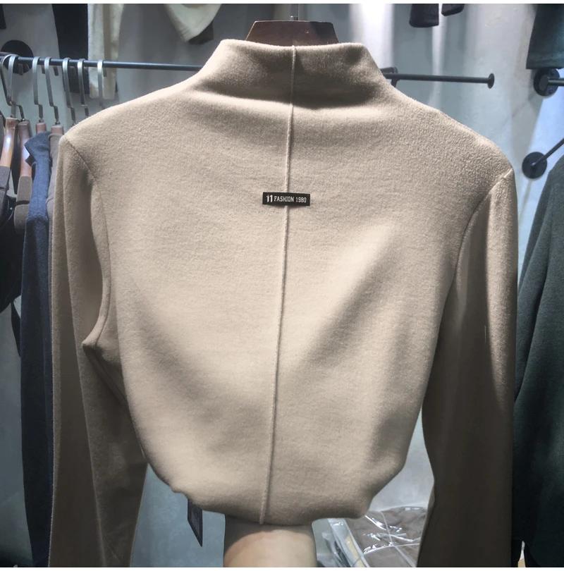 Harajuku Half Turtleneck Casual Slim Fleece Thick Bottoming T-shirt Autumn Winter Velvet Long Sleeve Solid T Shirt Women Top