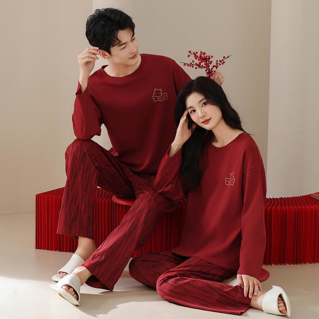 Tencel Cotton Red Wedding Pajamas for Couples: Year of the Rat Festive Long Sleeve Pullover Set for Spring and Autumn