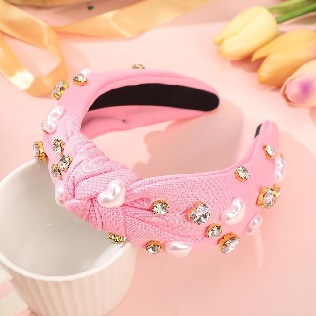 AWAYTR New Love Heart Bowknot Hairband for Women Cute Pearl Red Wide Diamond Headband Hair Hoop Hair Accessories Valentine's Day