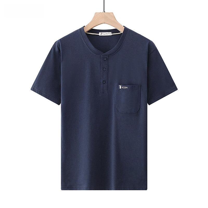 Dad's Monk Collar Short-Sleeve Cotton T-Shirt with Pockets - Loose Fit for Middle-Aged Men, Perfect for Summer