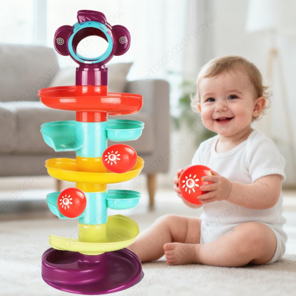 Non-Toxic 5 Layes Track Rolling Ball Pile Tower Early Educational Toy For Babies Rotating Track Educational Stacking Toy For Kids Gift