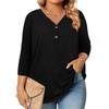 Womens 3/4 Length Sleeve Tops Plus Size Button Down V Neck Shirts Blouses Casual Solid Color Loose