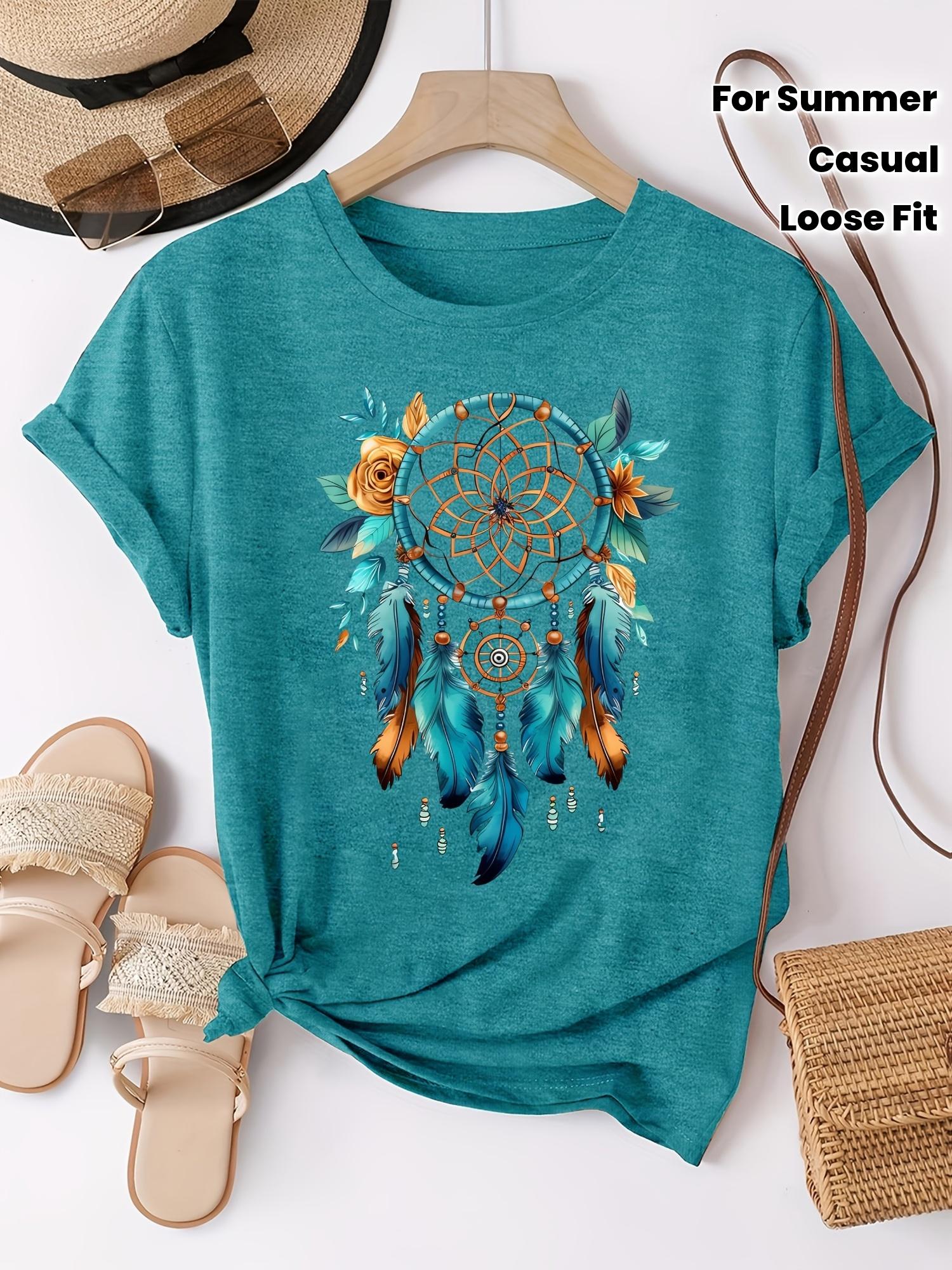 

Women s Bohemian Dreamcatcher Floral Print T-Shirt - Casual Loose Fit Round Neck Short Sleeve Top. Breathable Machine-Washable Fabric for Summer Vacat M дубильная кора