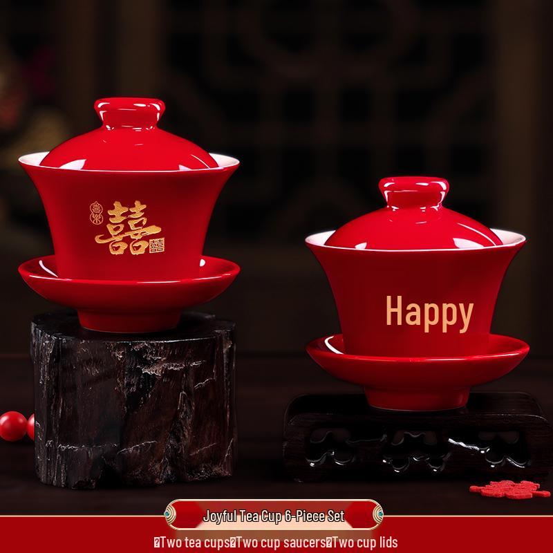 Festive Red Wedding Tea Set: Lidded Bowls, Tea Cups, and Chopsticks