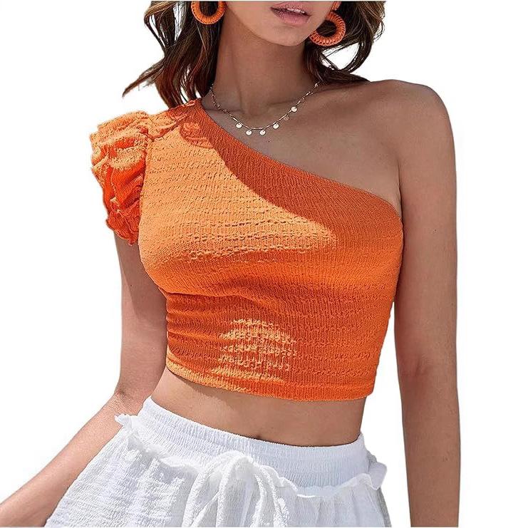 European and American New Summer Shoulder Asymmetrical Collar Fashion Solid Color Ruffle Edge Navel Short Top Women