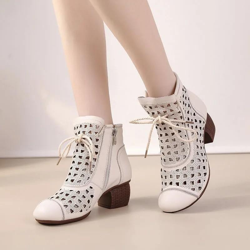 Fashion Summer cowhide hollow women's boots sandals high heels breathable retro style Ankle boots