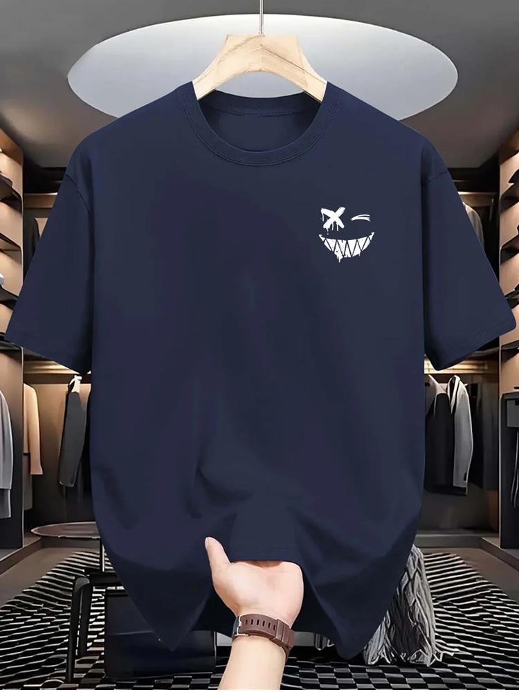 Mens summer 100 pure cotton fashionable casual loose personality smiling face pattern printed round neck short sleeved Tshirt