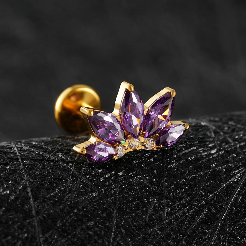 Right Grand ASTM F136 Titanium Marquise Lotus Cartilage Earring 16G Flower CZ Helix Flat Back Stud Labret Piercing Jewelry