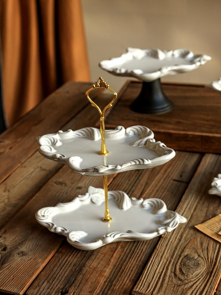 Retro Wooden High-legged Fruit and Snack Plate Storage, Living Room Entrance Storage Tray, Decorative Item, Ceramic Snack Plate