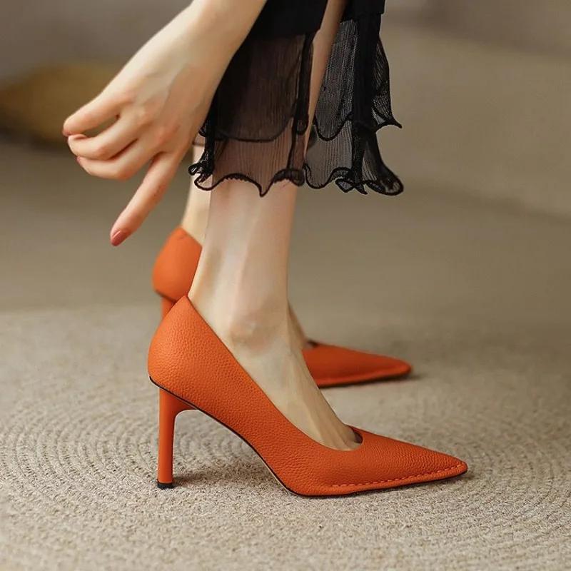 

Retro French Pointed High Heels for Womens Pumps Soft Leather Shallow Slip-On Office Shoes 39 помаранчевий