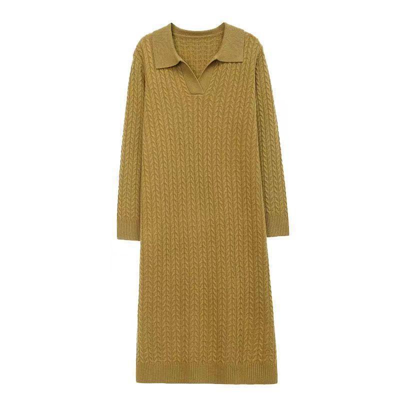 Womens Oversized Knit Midi Dress With Polo Collar Long Sleeve A-Line Sweater Winter