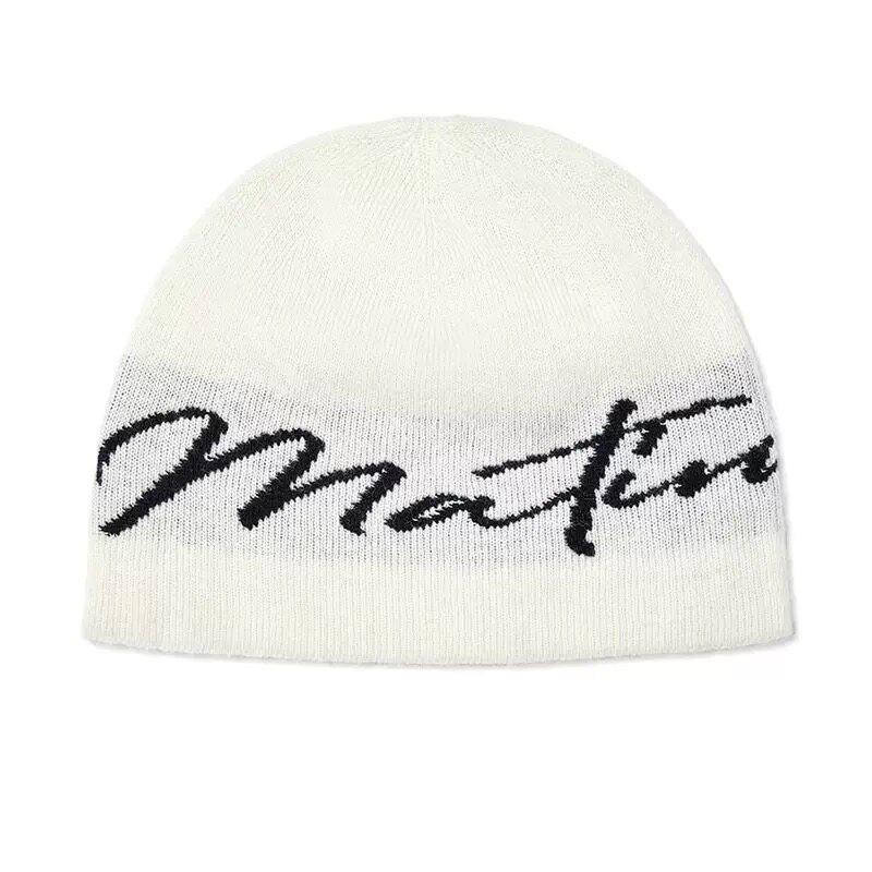 Matin Kim Letter Knit Beanie Hat Unisex Streetwear Winter Cap Men Women Trendy Korean Fashion Cold Weather Accessory