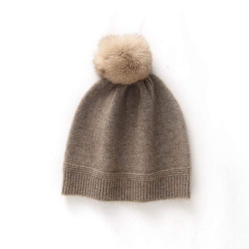Women's Winter Cashmere Hat with Fox Fur Pom-Pom, Knitted Wool Ear Protection, Slimming and Warm Postpartum Design