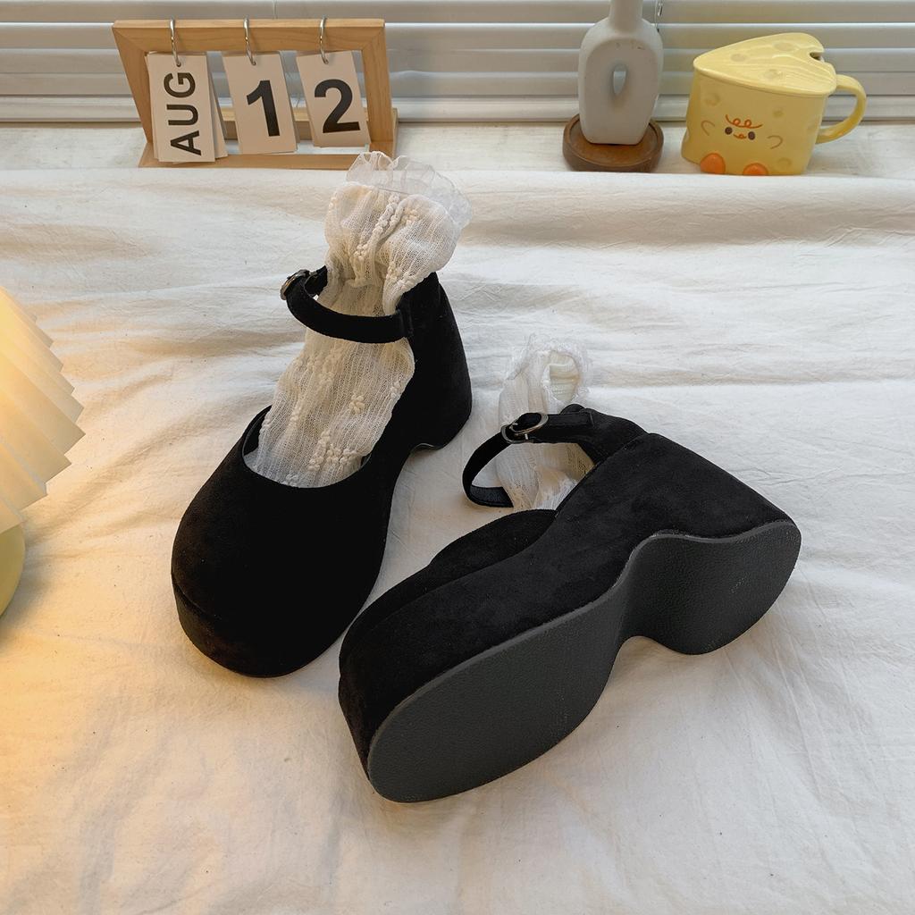 Fashion Thick Bottom High Heel Women Pumps Suede Black Ladies Fashion Sneakers Ankle Straps Muffins Shoes Wedge Zapatos De Mujer Sandals