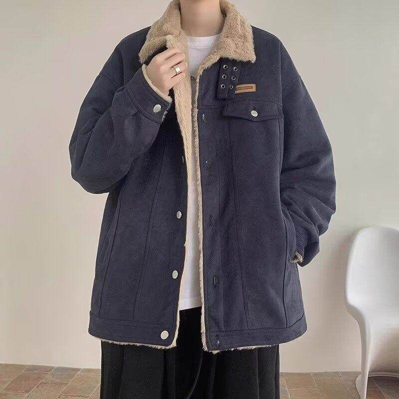 Dongjie No Logo Flus Deerskin Velvet Fleece-Lined Men's Winter Thickened Warm Workwear Cotton Jacket Trendy Cotton Coat