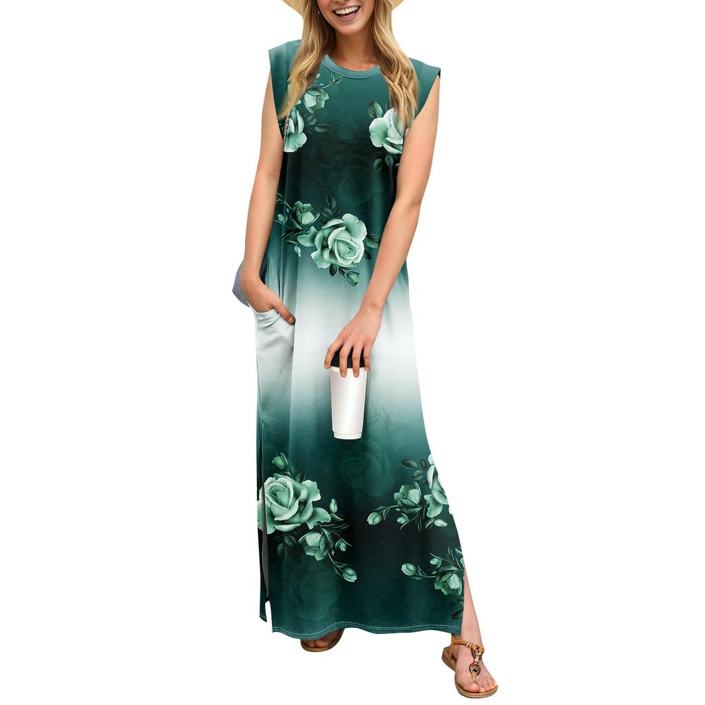 Letní šaty pro ženy s kulatým výstřihem Ležérní volný potisk s děleným potiskem bez vrásek dlouhé maxi plážové šaty s kapsami