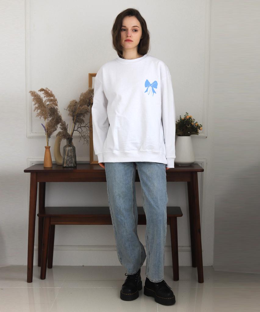 BONIEE [Fleece Lined] Back Ribbon Graphic Oversized Sweatshirt White