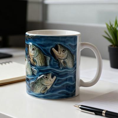 Wędkarski Kubek Ceramiczny Pstrąg Ryba Design Kubek do Kawy z Niebieskim Wzorem Fali 11/15oz Sztuka Ryb Naczynia do Napojów Prezenty dla Mężczyzn Wędkarz